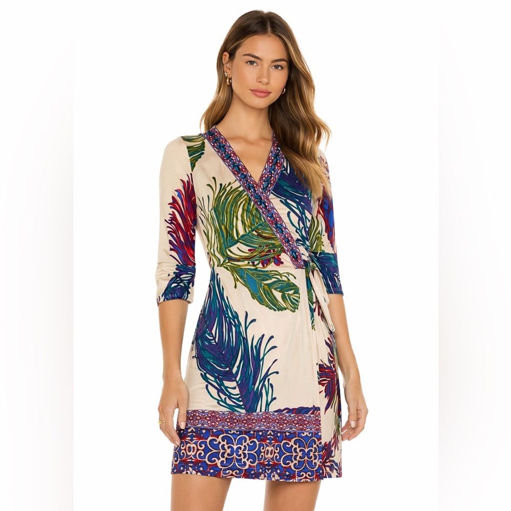 hale bob silk Floral Wrap Dress Blue Green Accents beaded